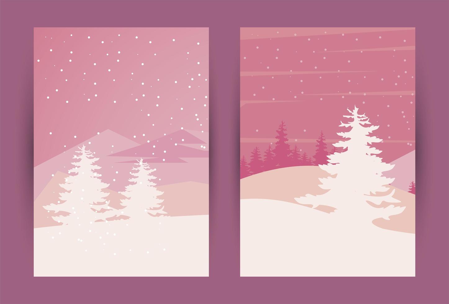 belleza dos escenas de paisajes de invierno rosa vector