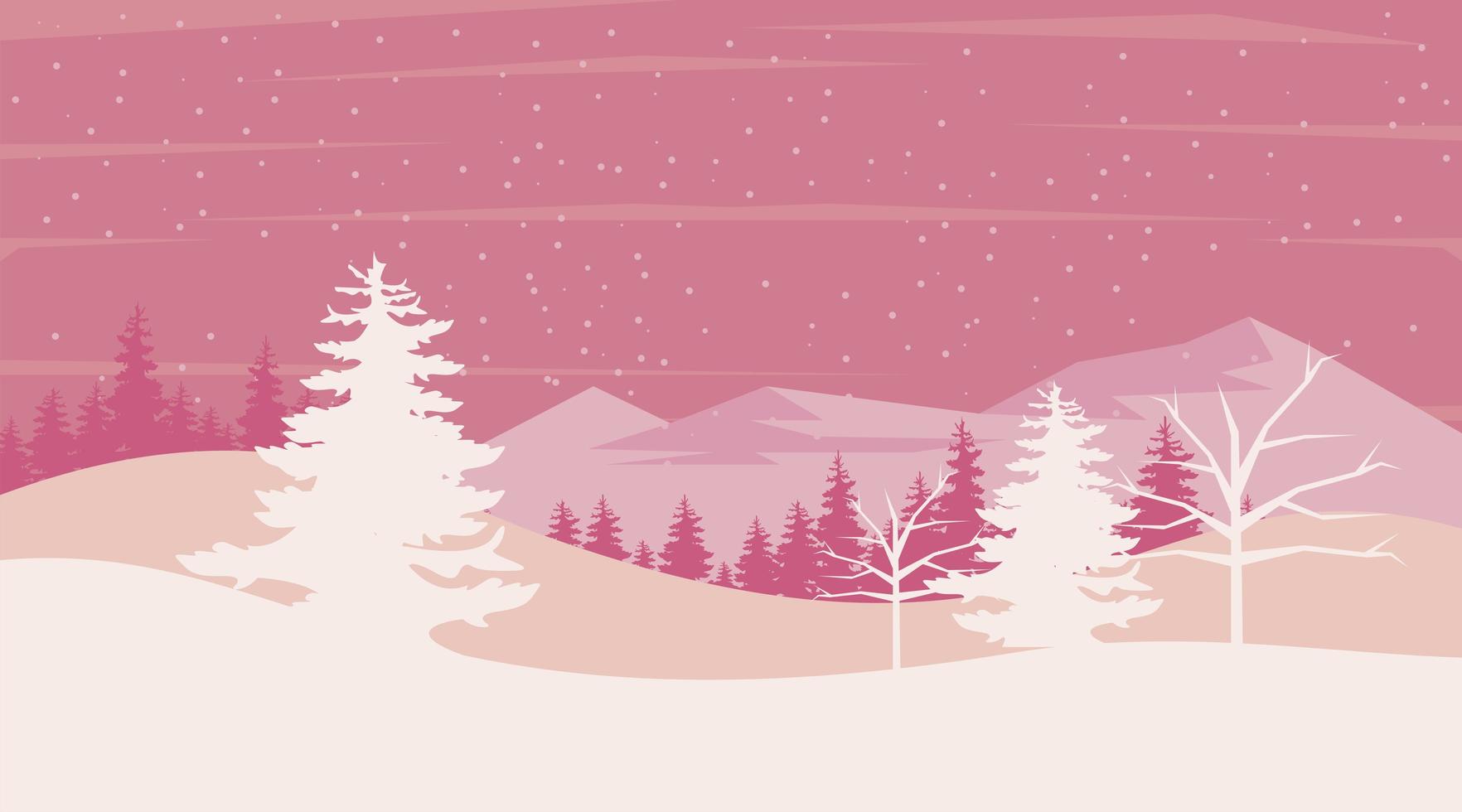 Escena de paisaje de invierno de belleza rosa con pinos vector