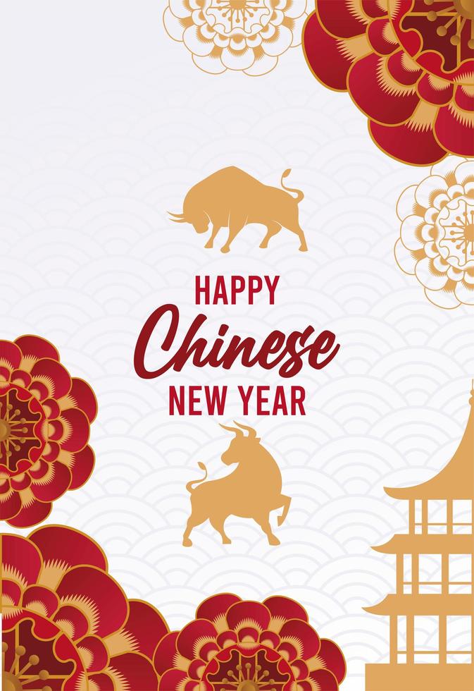 happy chinese new year lettering card with golden oxen and castle vector