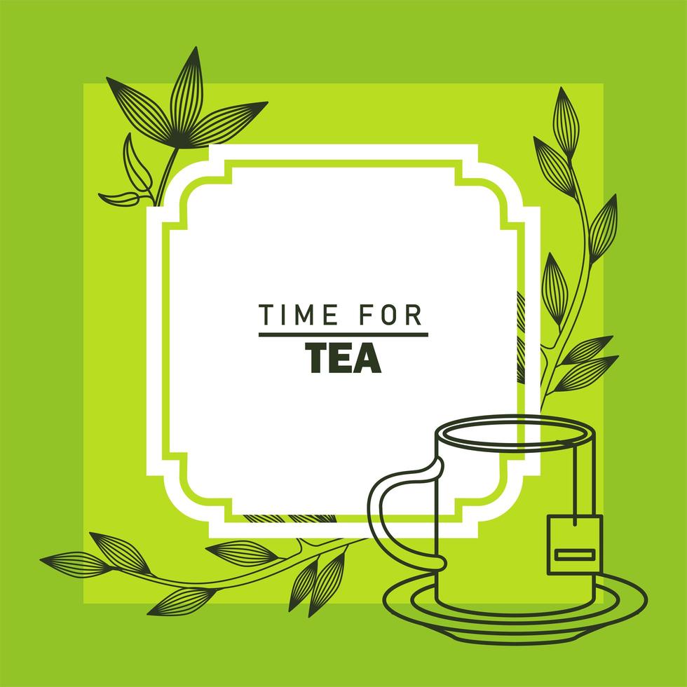 time for tea lettering poster with mug and leafs square frame vector