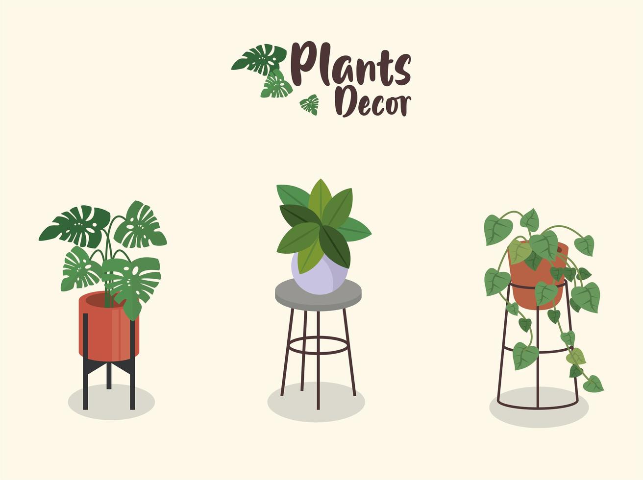 bundle of three home plants in ceramic pots decor and lettering vector