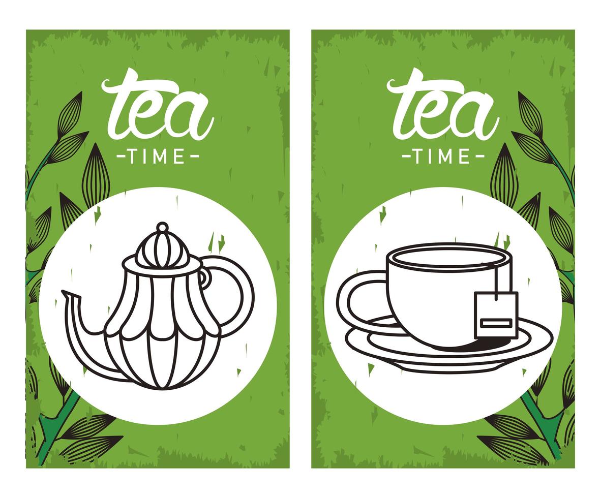 tea time lettering poster with teapot and cup in square frames vector