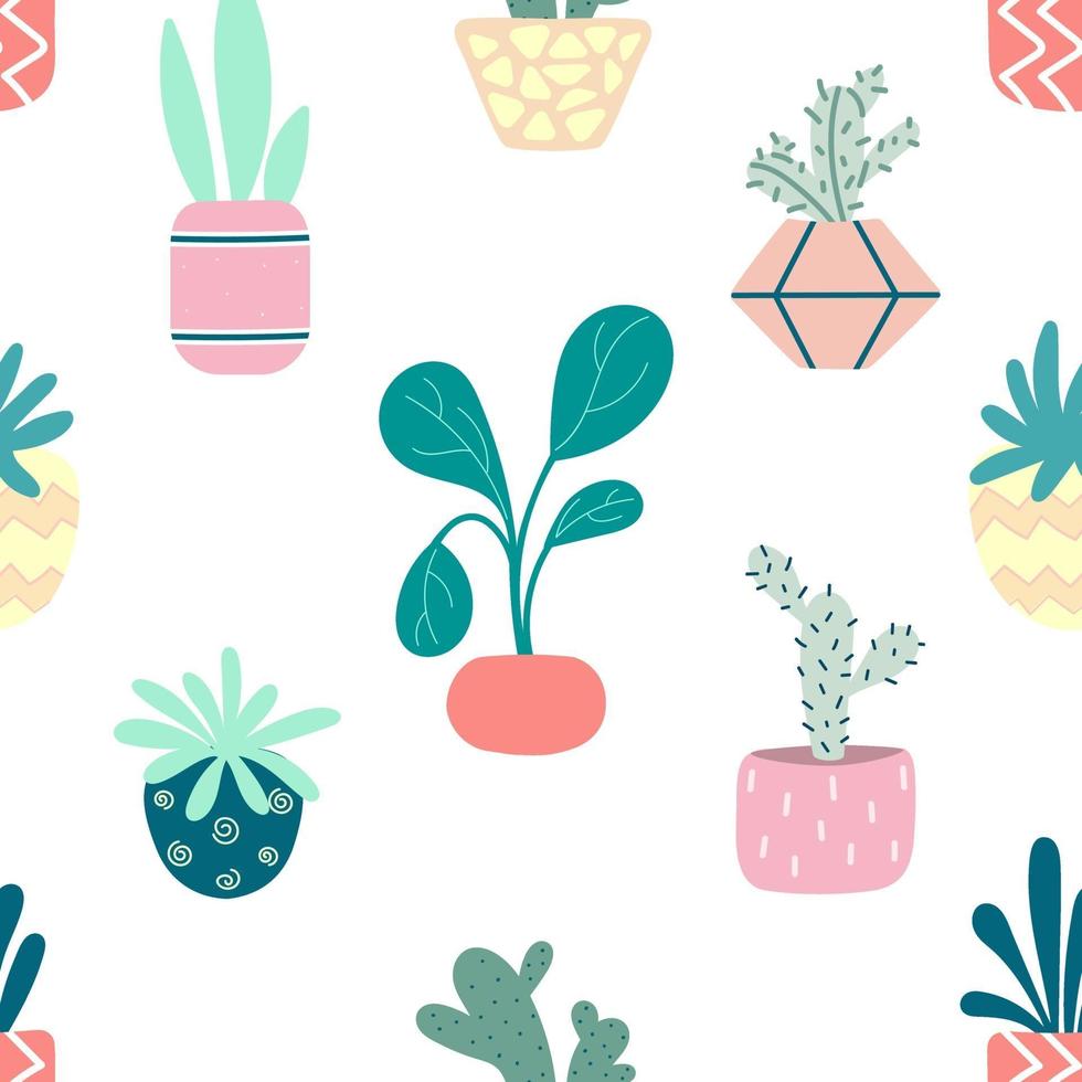 Home potted plants seamless pattern. Indoor flowers. Pattern in earthy and natural colors in boho style vector