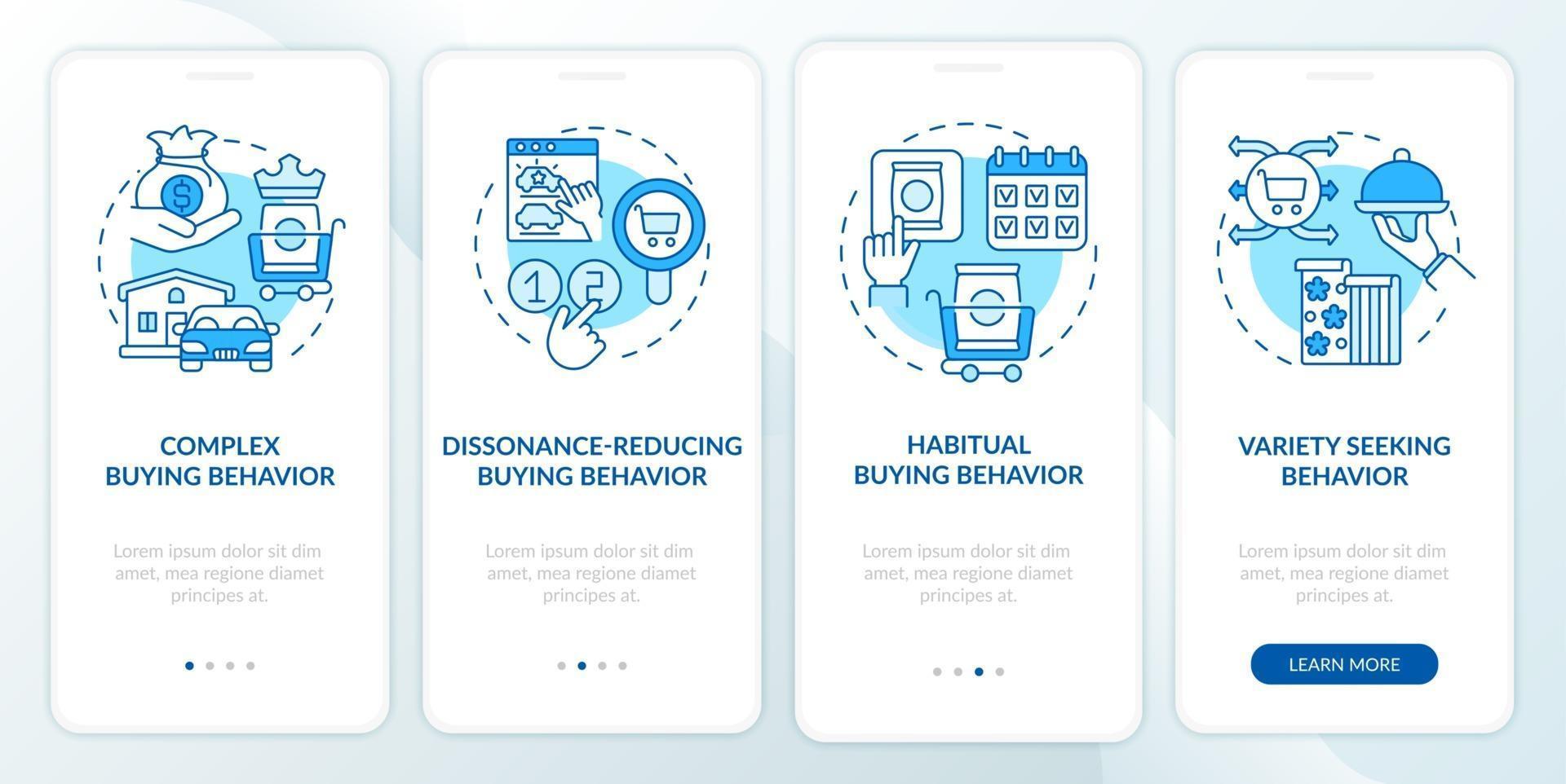 Buyer behavior types onboarding mobile app page screen with concepts vector