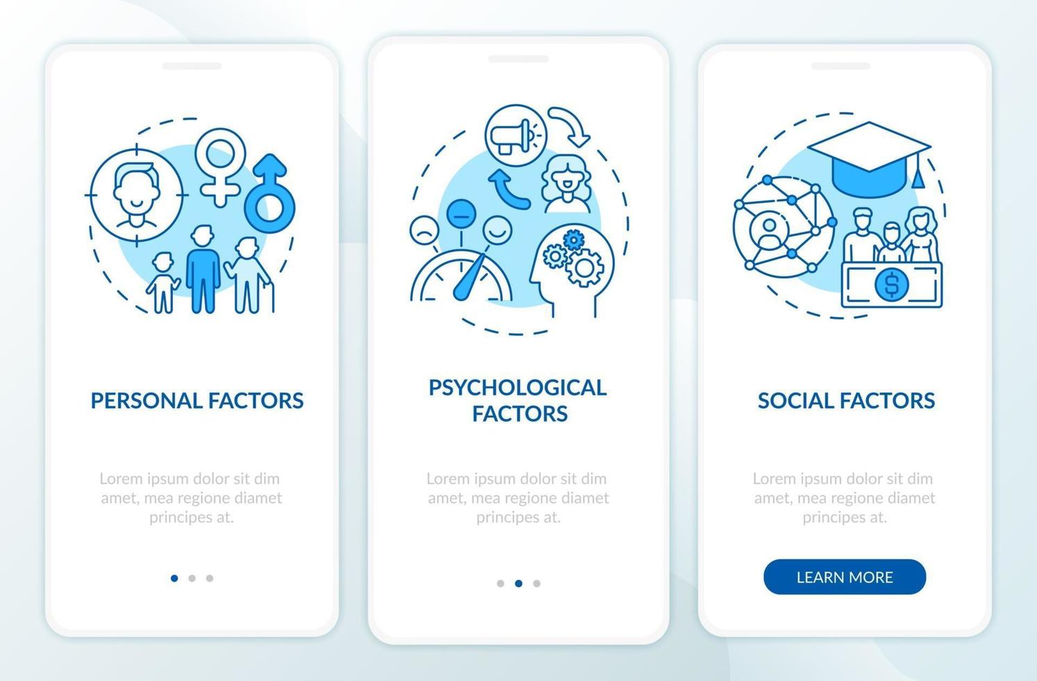 Purchase decision aspects onboarding mobile app page screen with concepts vector