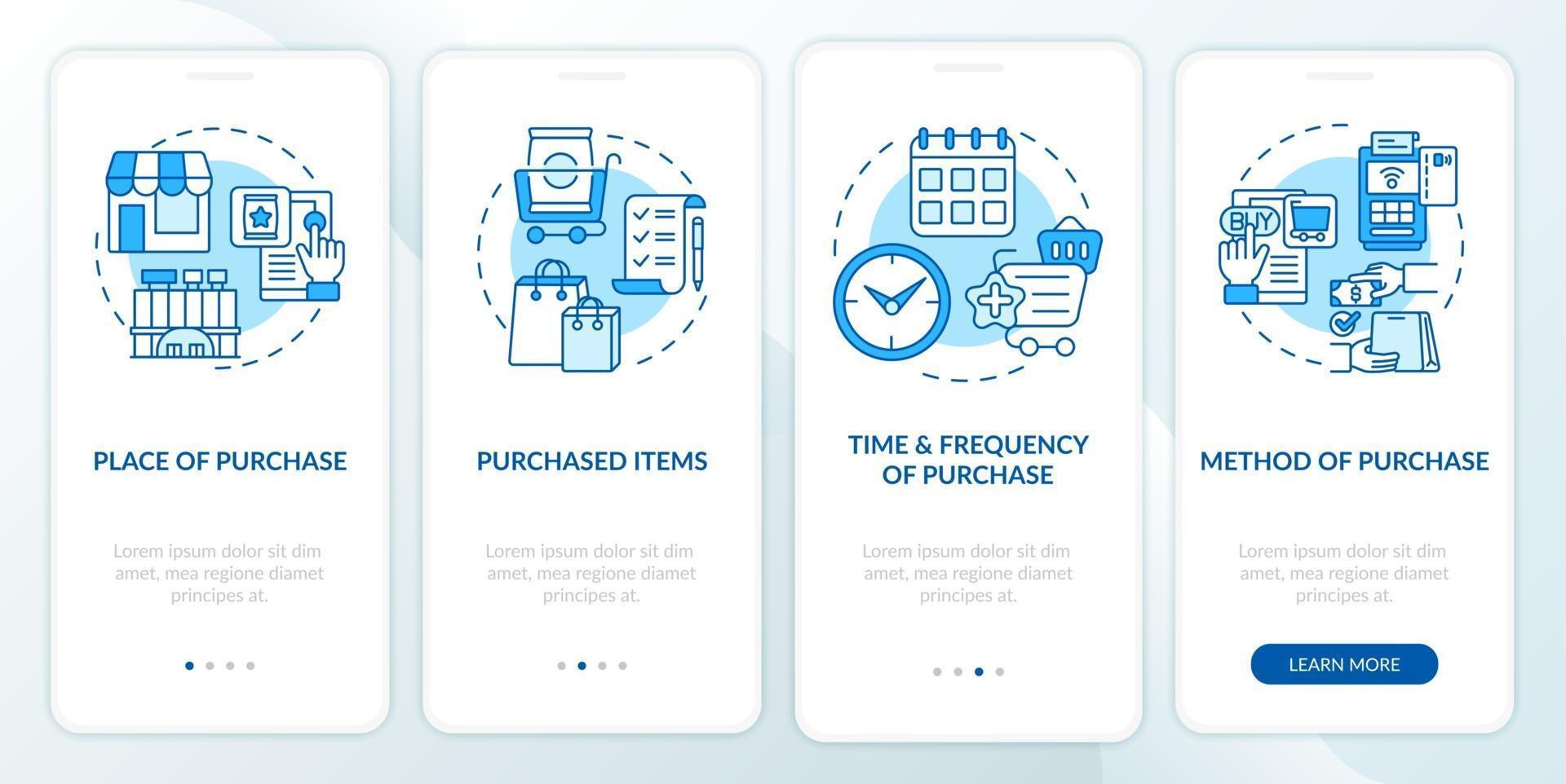 Buyer behavior patterns onboarding mobile app page screen with concepts vector
