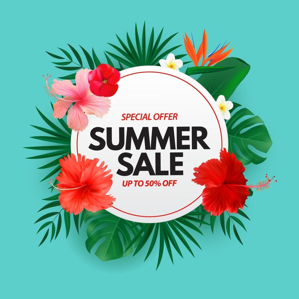 Summer sale poster Natural Background with Tropical Palm and Monstera Leaves exotic flower vector