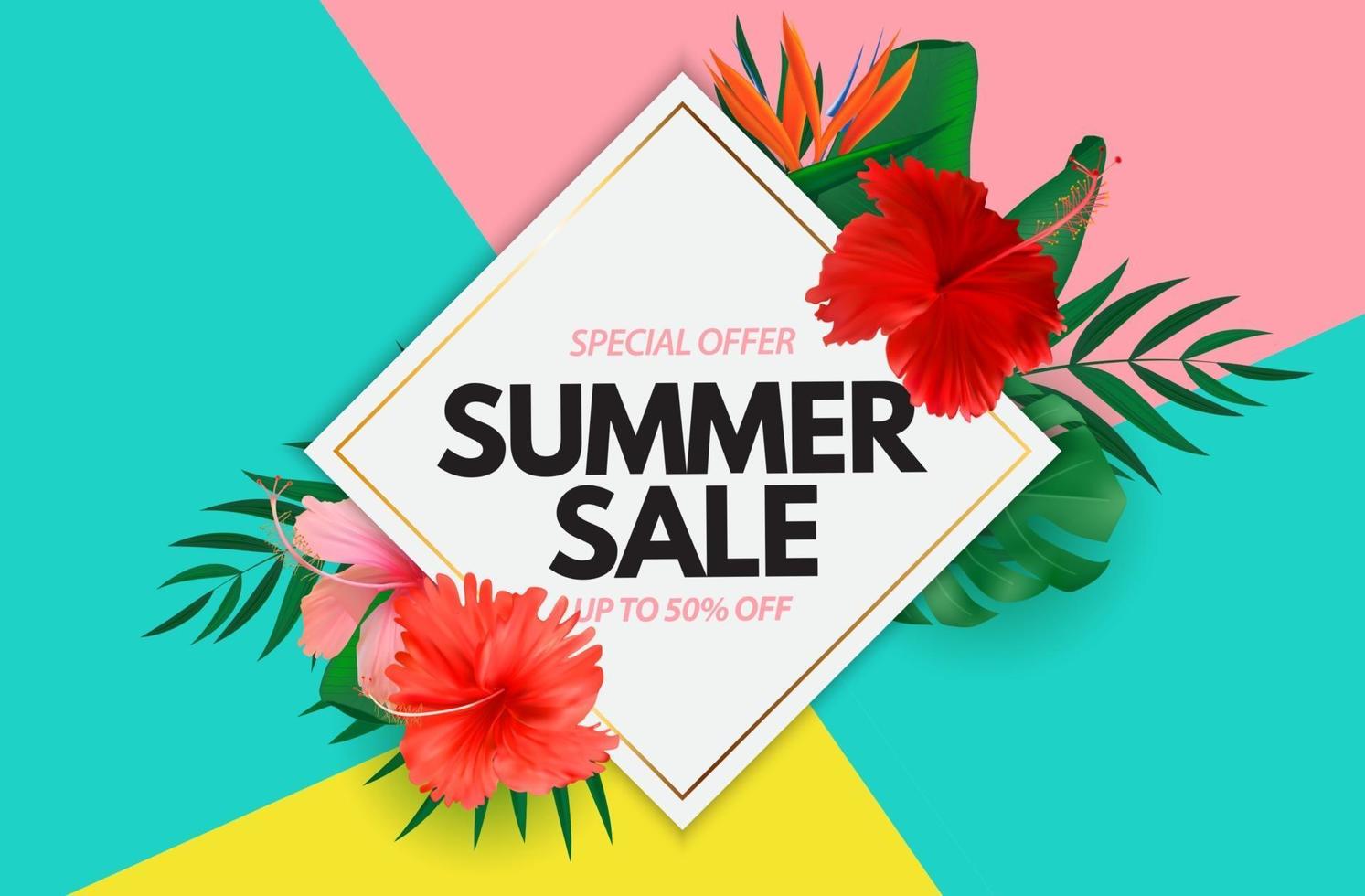 Summer sale poster Natural Background with Tropical Palm and Monstera Leaves exotic flower vector