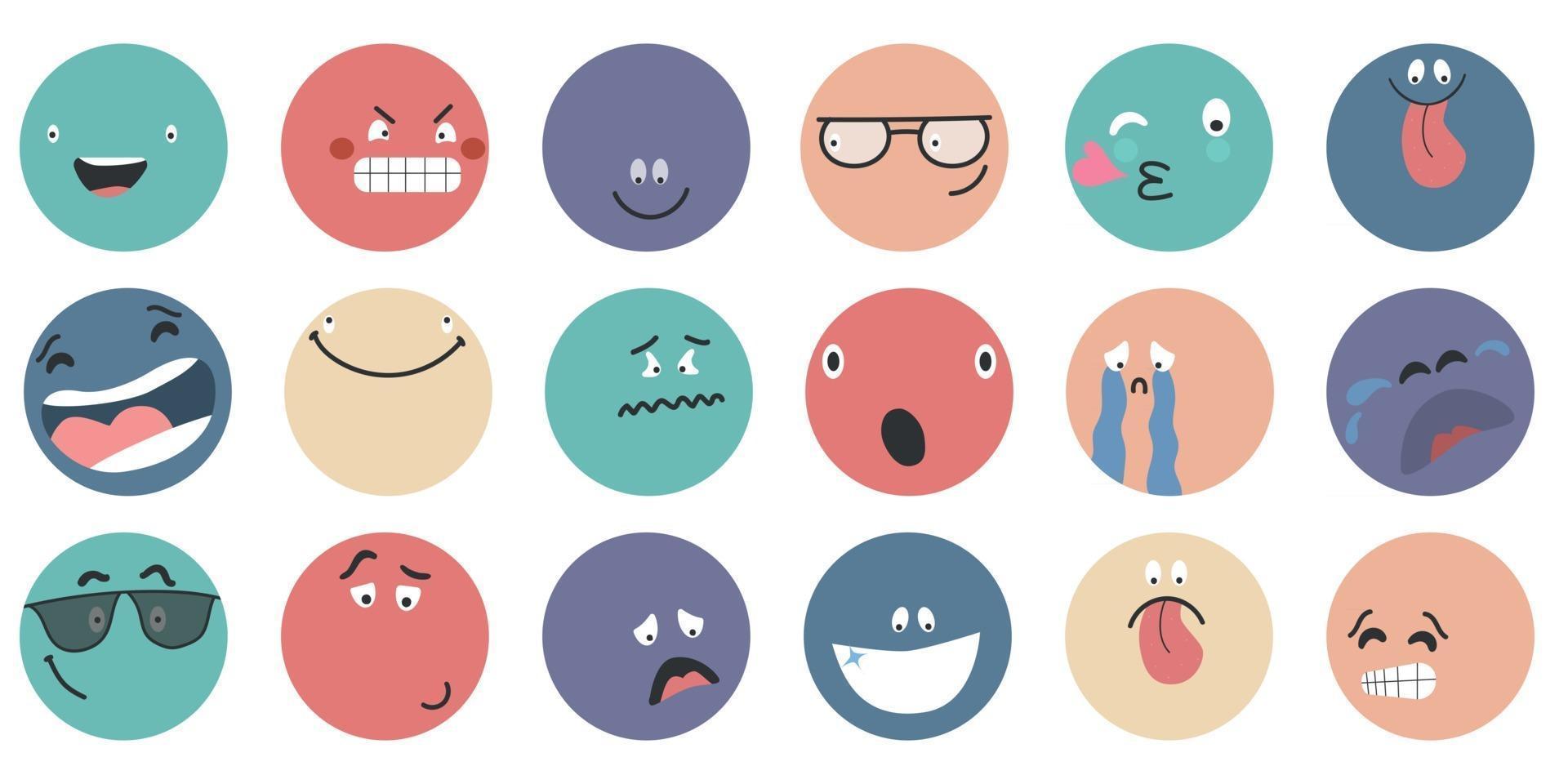 Caras cómicas abstractas redondas con diversas emociones, diferentes personajes coloridos vector
