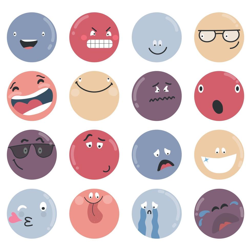 Caras cómicas abstractas redondas con diversas emociones, diferentes personajes coloridos vector