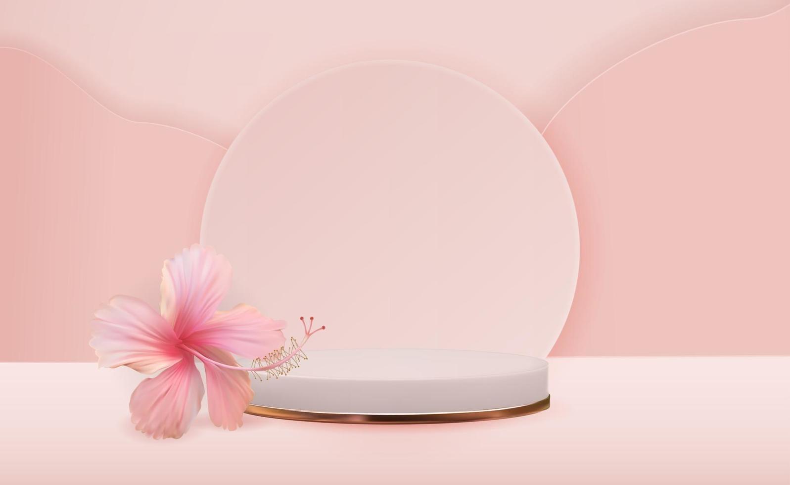Fondo de pedestal blanco 3d con flor de hibisco para presentación de productos cosméticos revista de moda vector