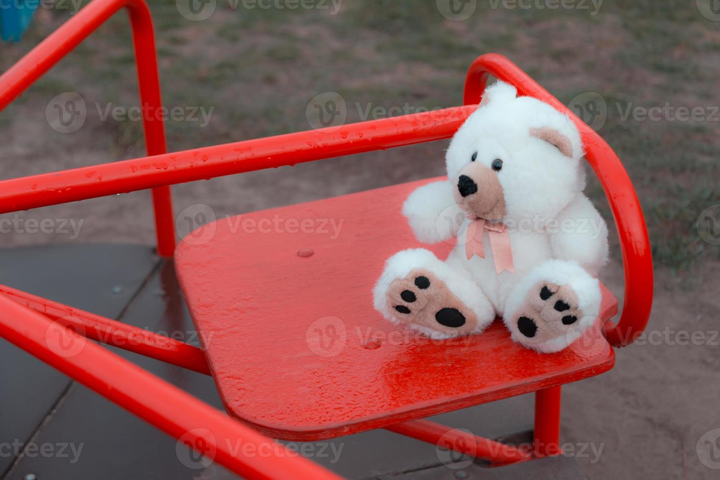 Close-up of one teddy bear sitting on a children's swing photo