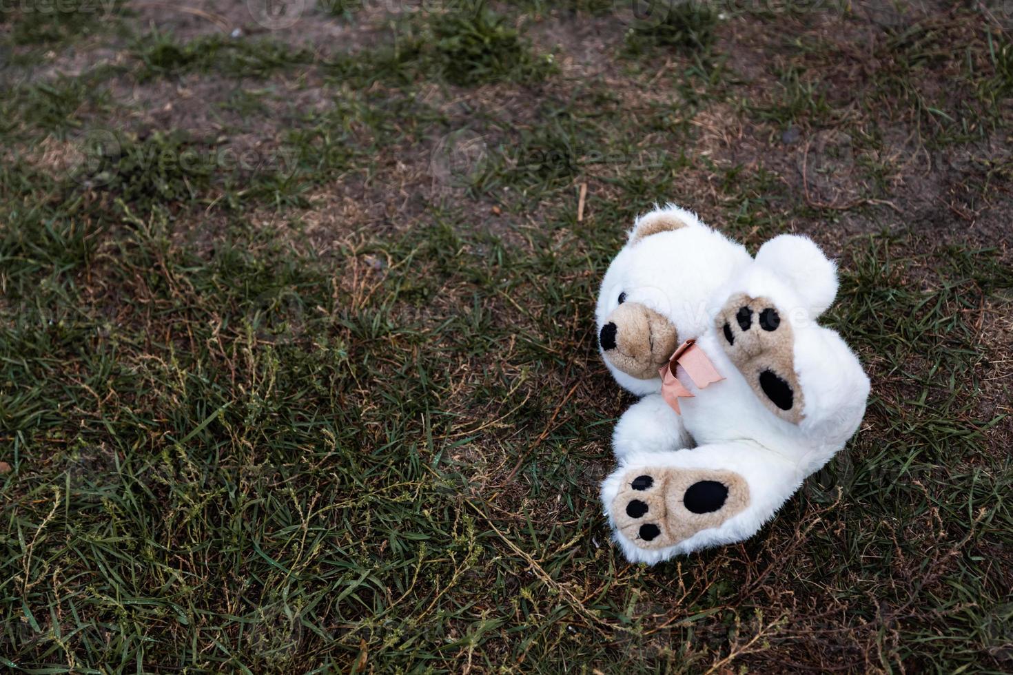 Lost abandoned soft plush toy teddy bear sitting on ground photo