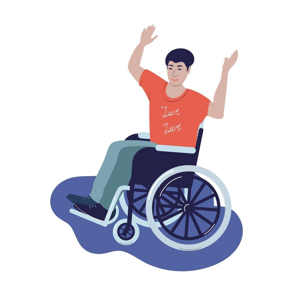 Disabled person in a wheelchair. Young disabled guy puts his hands up. Vector illustration