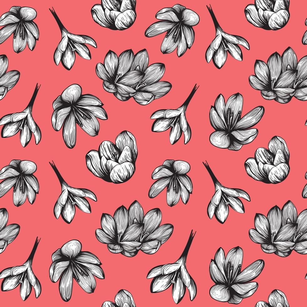 Saffron seamless pattern sketch. Crocus flower pattern. Hand-drawn vector illustration