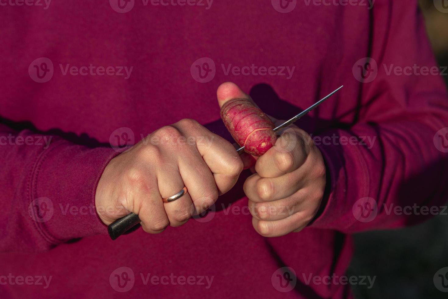 Close-up of a caucasian man in the forest cutting thin slices of a raw potato with a knife photo