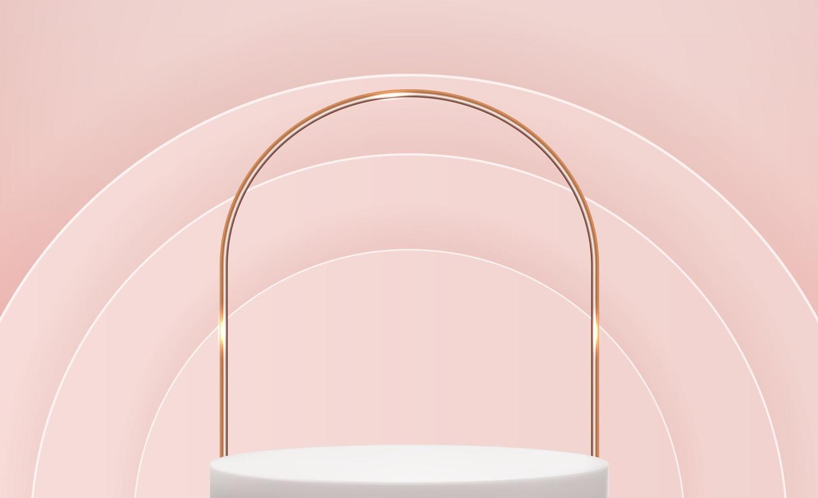 White 3d pedestal background with Golden Glass Ring Frame on pink for cosmetic product presentation vector