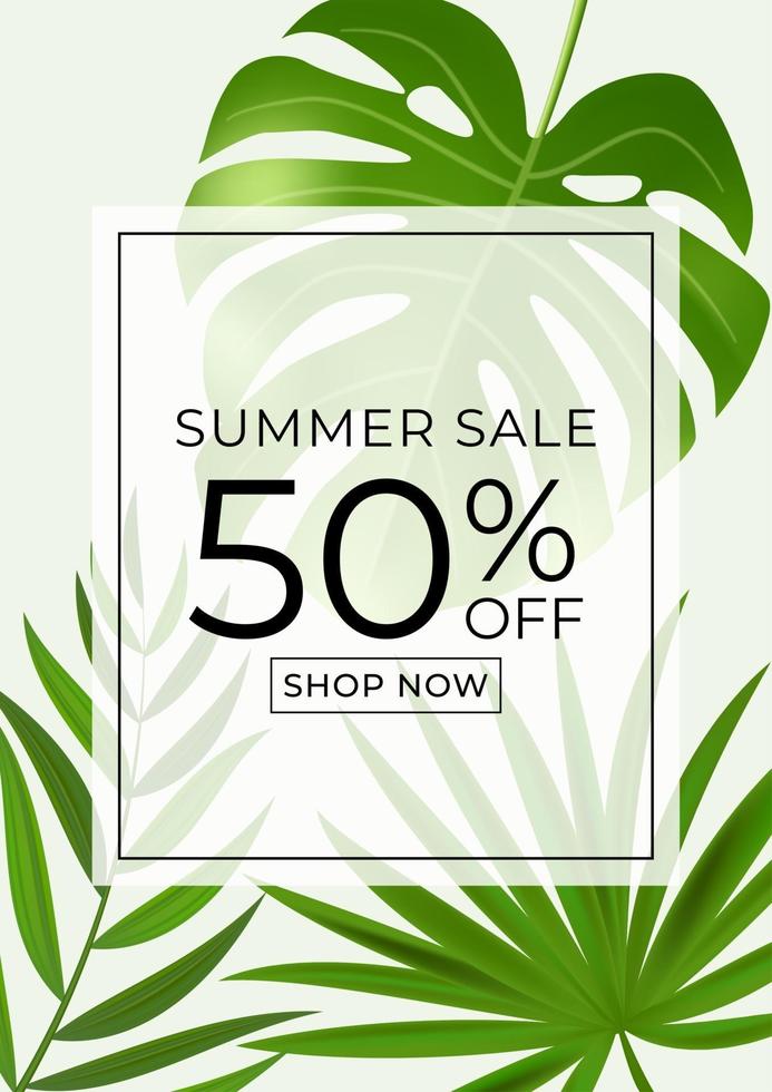 cartel de venta de verano fondo natural con palmeras tropicales y hojas de monstera vector