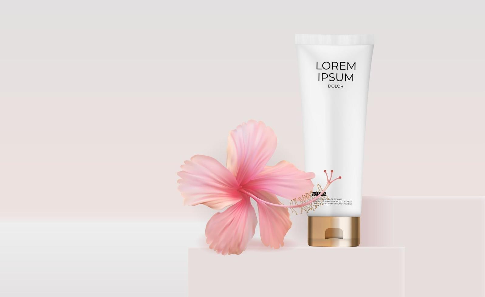 3D Realistic Cream Tube with hibiscus flower for Fashion Cosmetics Product vector