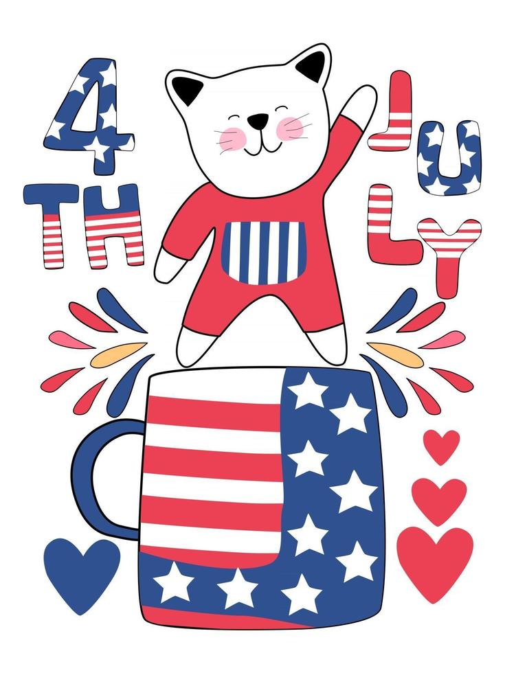 This 4th of July Doodle style with cat and mug vector