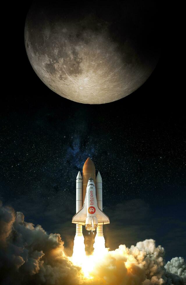 Space Shuttle with Bitcoin icon takes off into space to fly to the moon, elements of this image furnished by NASA photo