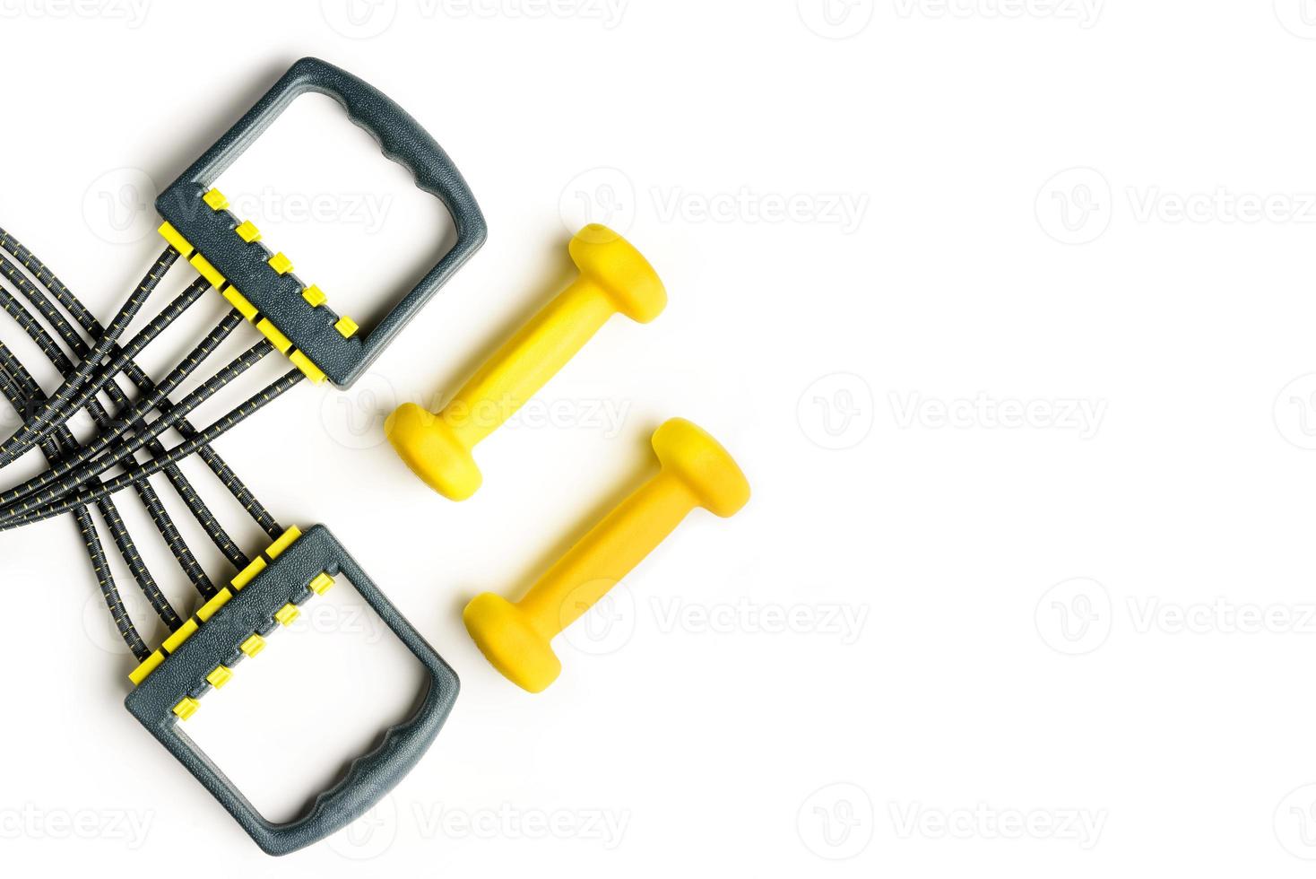 two dumbbells and an expander on a white background photo
