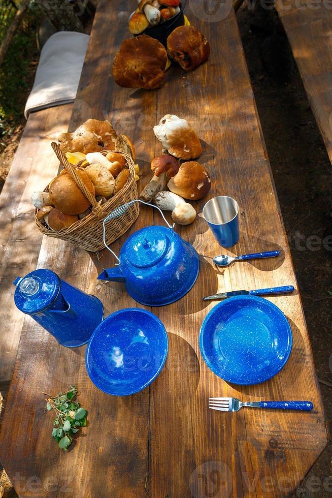 Dishes for camping on the table photo