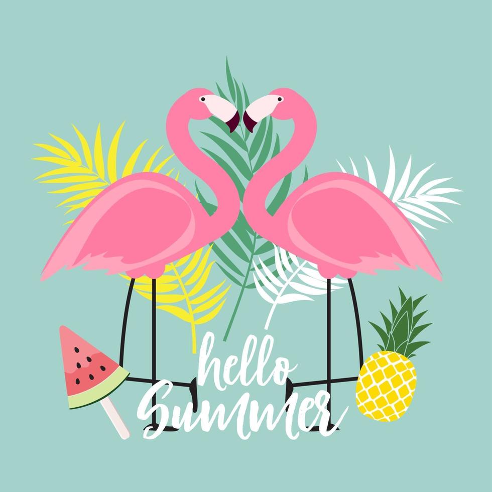 Abstract hello Summer Background with Palm Leaves and Flamingo vector