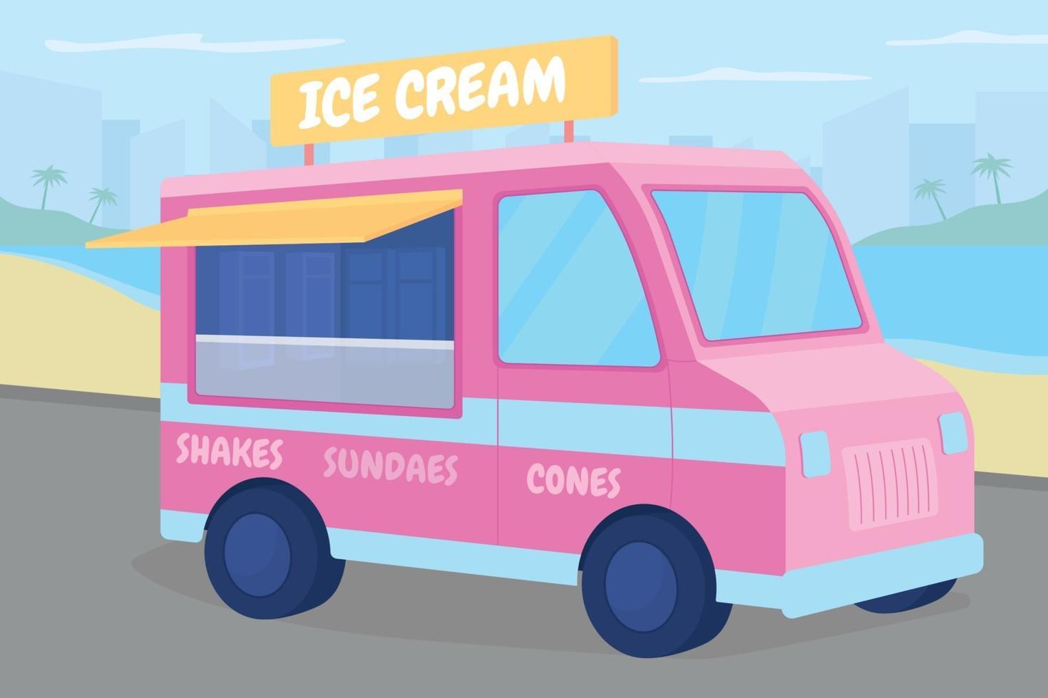 Ice cream truck on beach flat color vector illustration