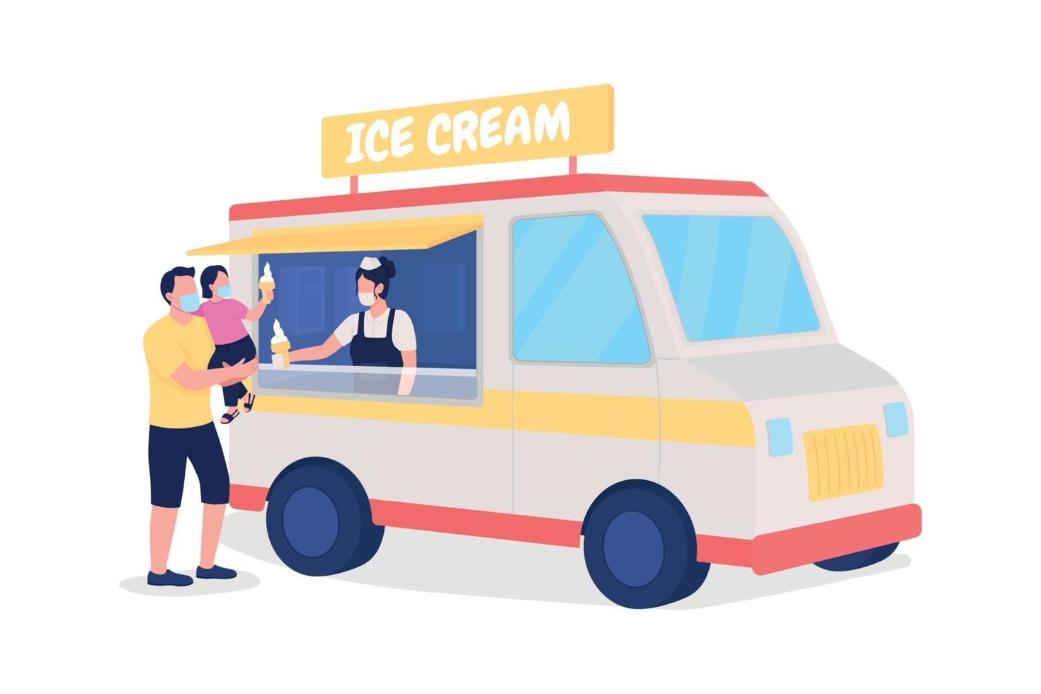 familia comprando helado de camión color plano vector personajes sin rostro