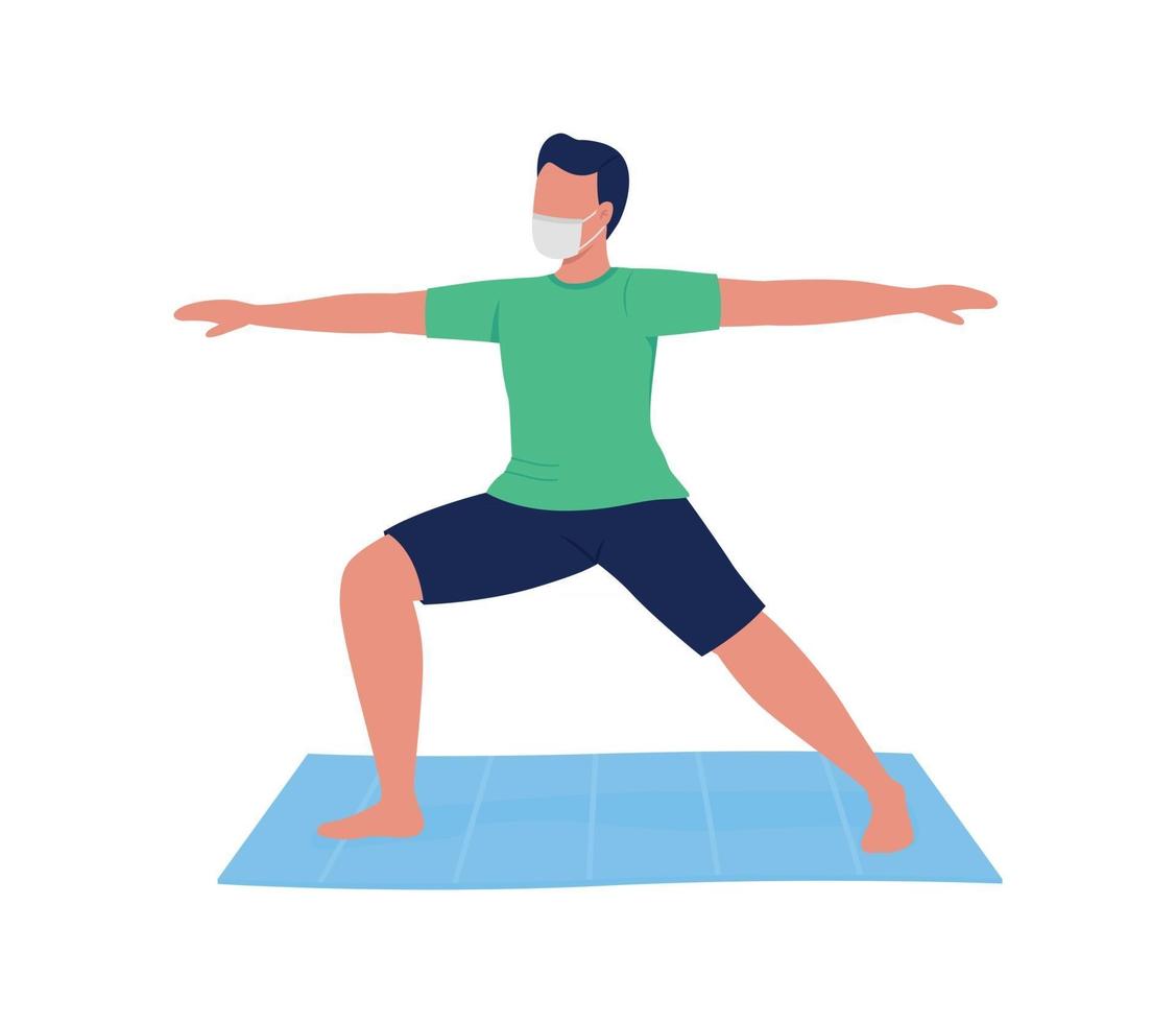 Man in mask practicing yoga flat color vector faceless character