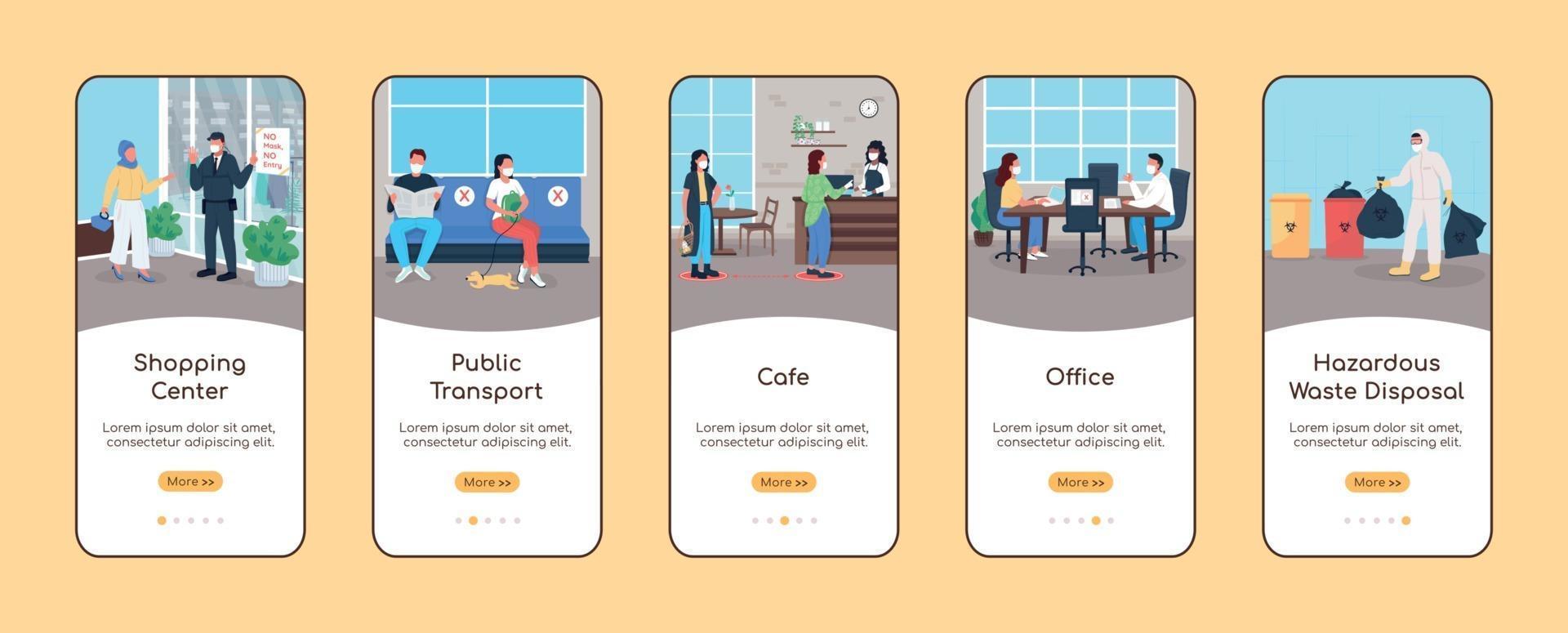 New normal for public spaces onboarding mobile app screen flat vector template