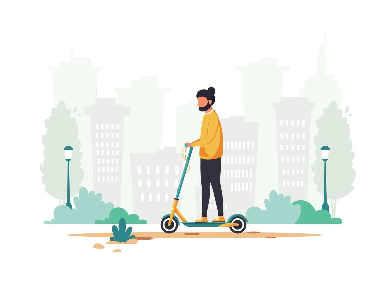 Hombre montando patinete eléctrico concepto de transporte ecológico vector