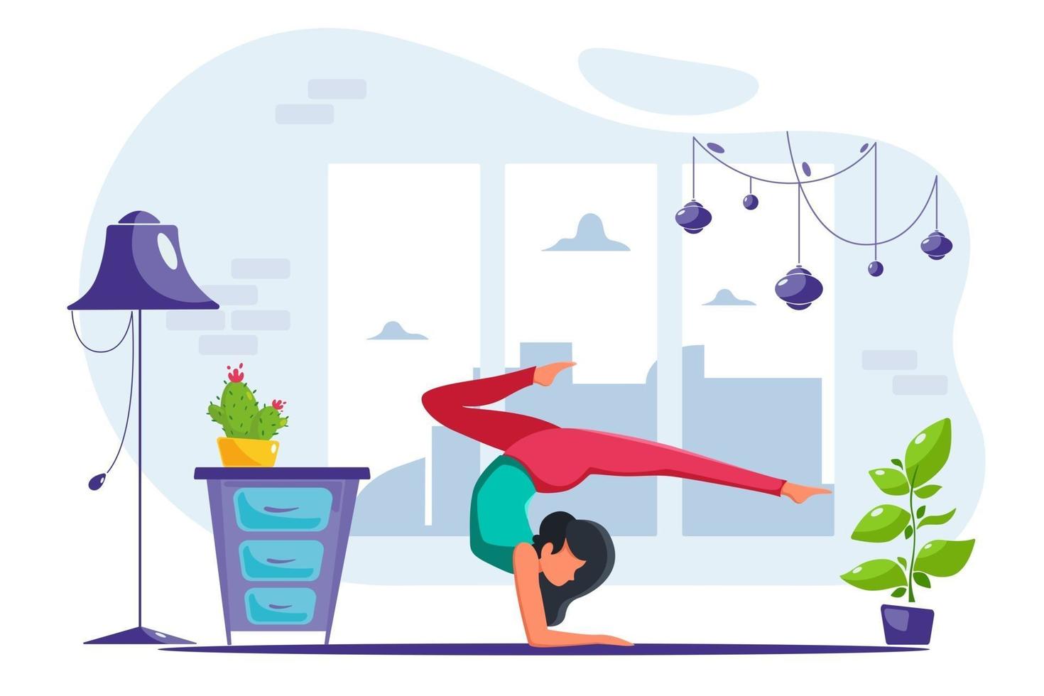 Woman doing yoga at home in modern interior Healthy lifestyle relax meditation vector