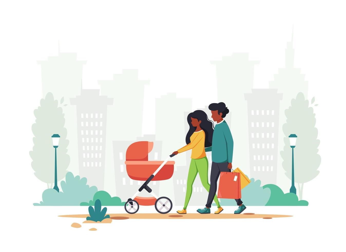 Black family with baby carriage walking in the park Outdoor activity vector