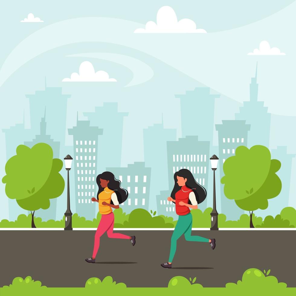 mujeres corriendo en el parque en el fondo de la ciudad vector
