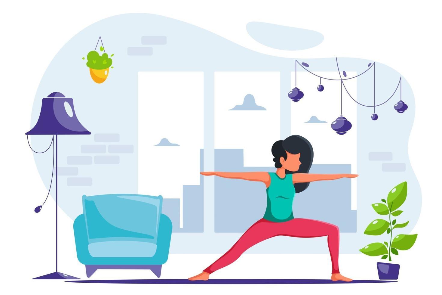 Woman doing yoga at home in loft interior vector