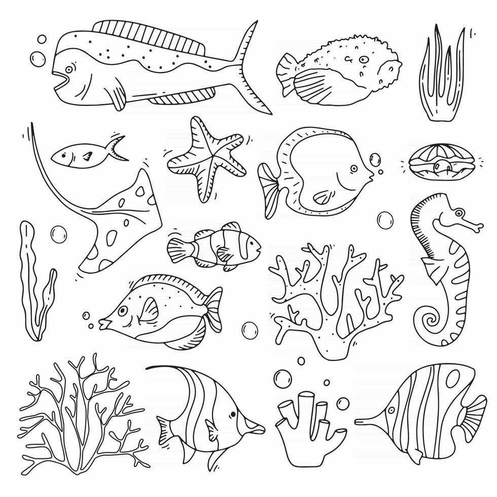 Sea life doodle set  Fisches and corals collection hand drown Underwater elements in cute style vector