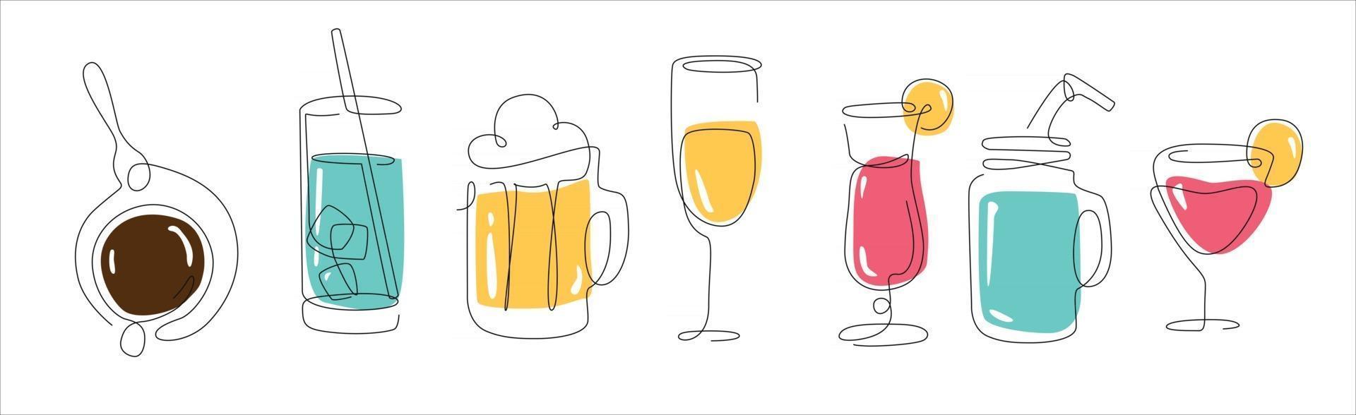 Conjunto de arte lineal con bebidas, cerveza, una línea, café y agua, línea continua, batido y otro esquema de bebida vector