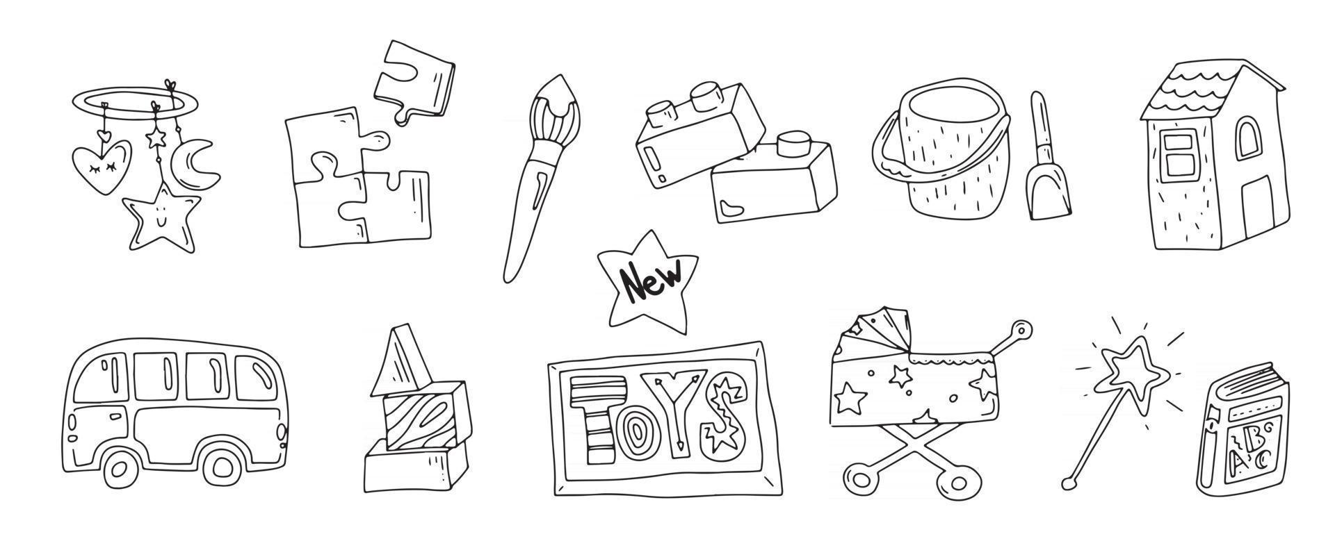 iconos de doodle de juguete iconos de juguetes para bebés y niños para tienda de bebés diferentes tipos de juguetes ilustración vectorial de contorno vector