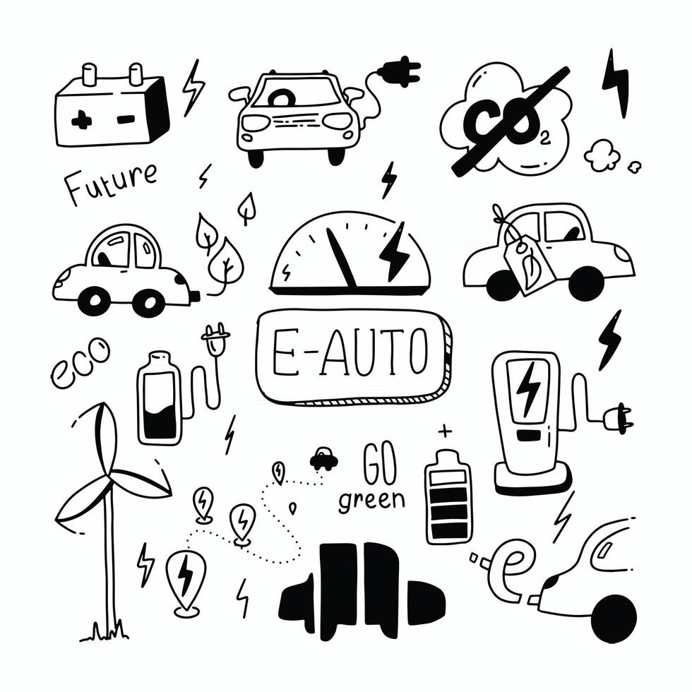 E car Doodle set Green energy and e Auto Sketch ecology transport Clean auto CO2 neutral Rechargeable car Emissions co2 Vector collection