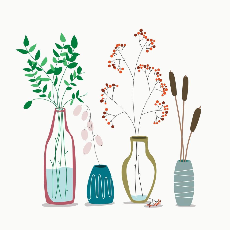 jarrón con flores secas y plantas de cerámica con hojas de eucalipto muertas vector