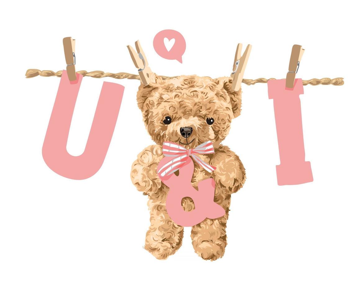 u and i letter hanging with bear toy illustration vector