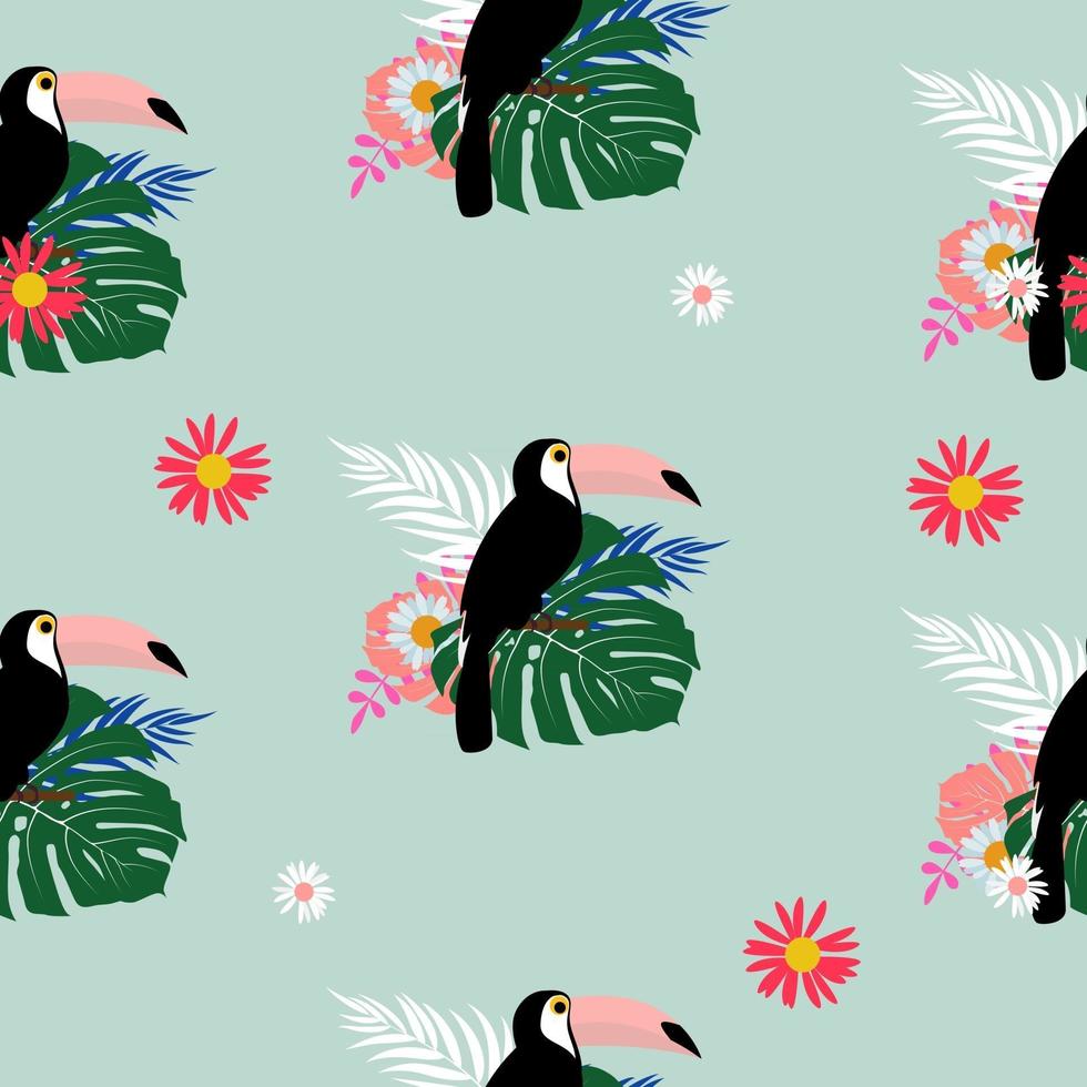 Tropic Toucan bird and palm leaf seamless pattern background design vector