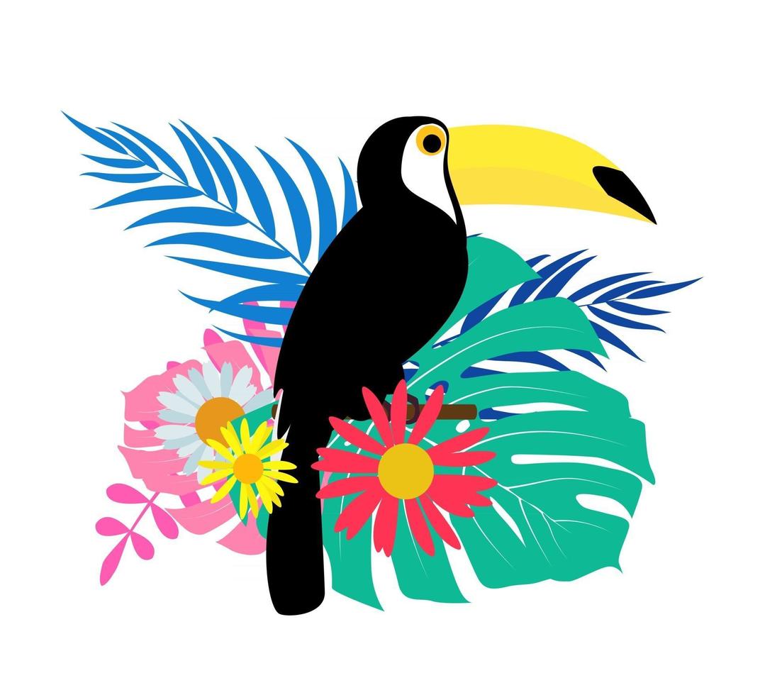 Toucan bird with palm leaves on white background vector