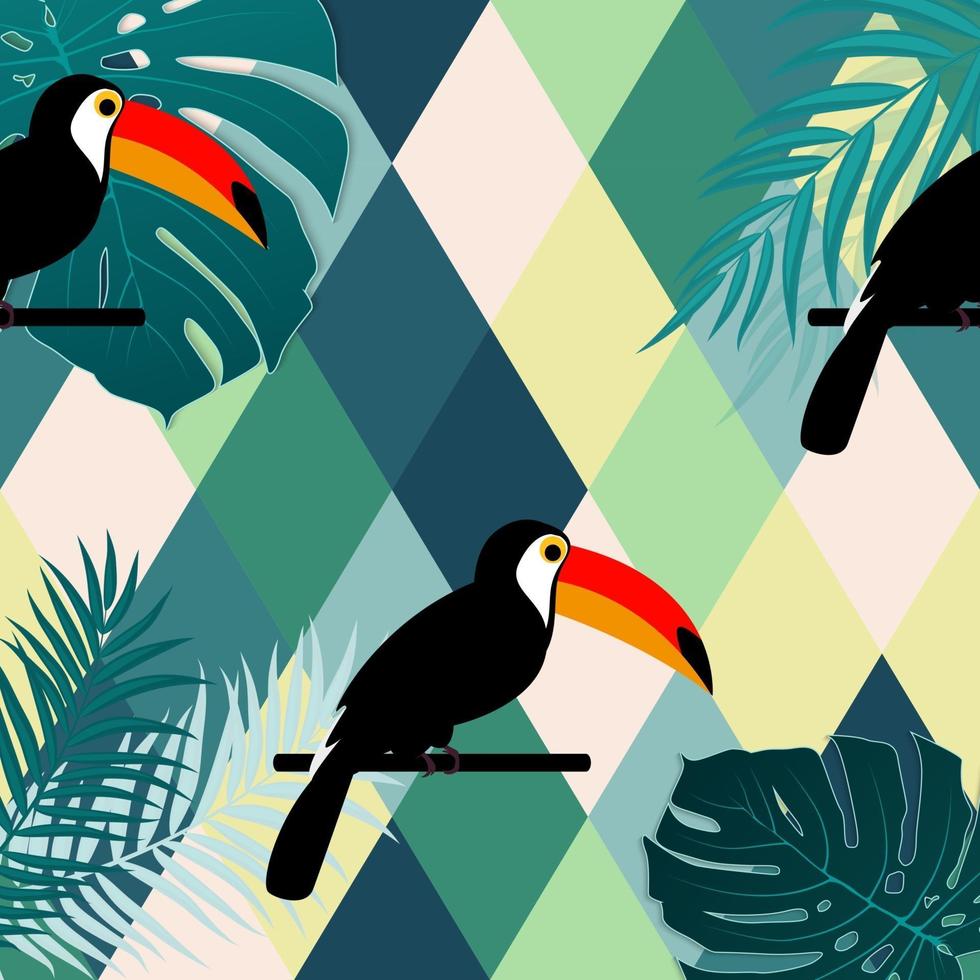 Tropic Toucan bird and palm leaf seamless pattern background design vector