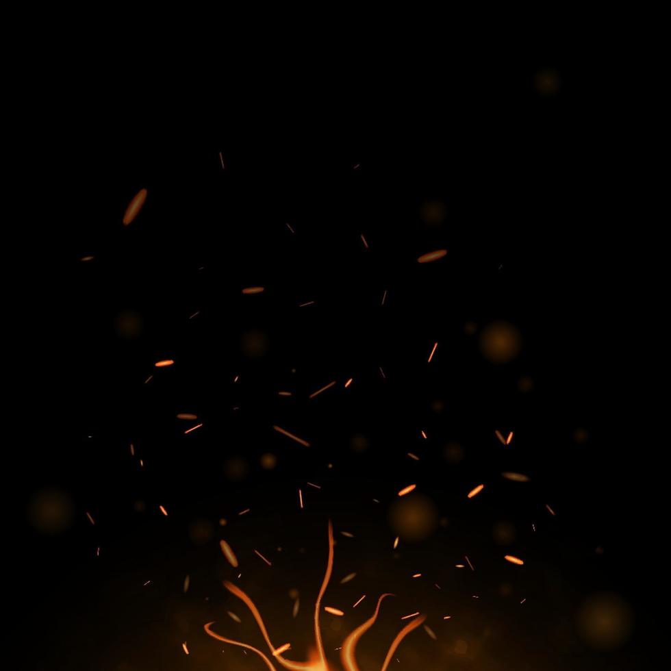 Burning red hot sparks fly from large fire in the night sky vector