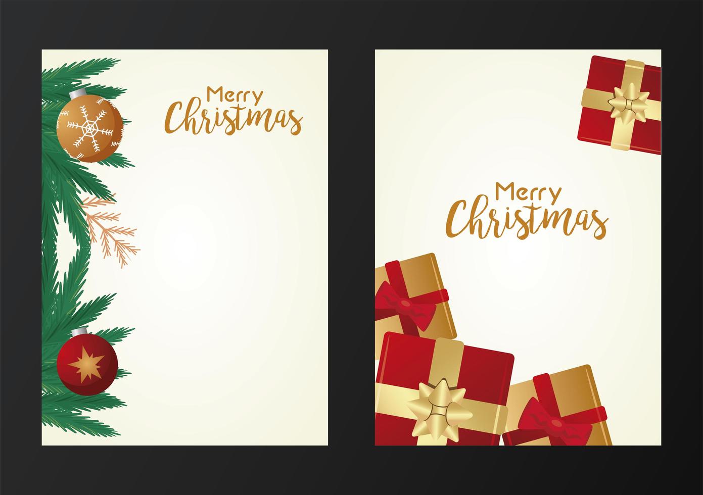 happy merry christmas letterings cards with gifts and branches vector