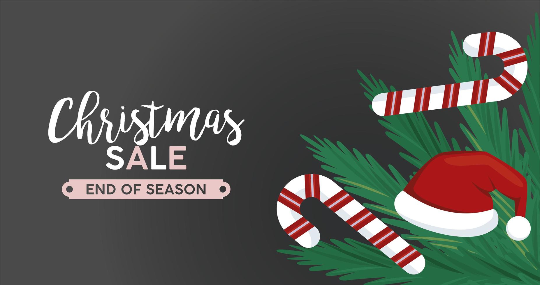 merry christmas sale lettering with canes and santa claus hat vector