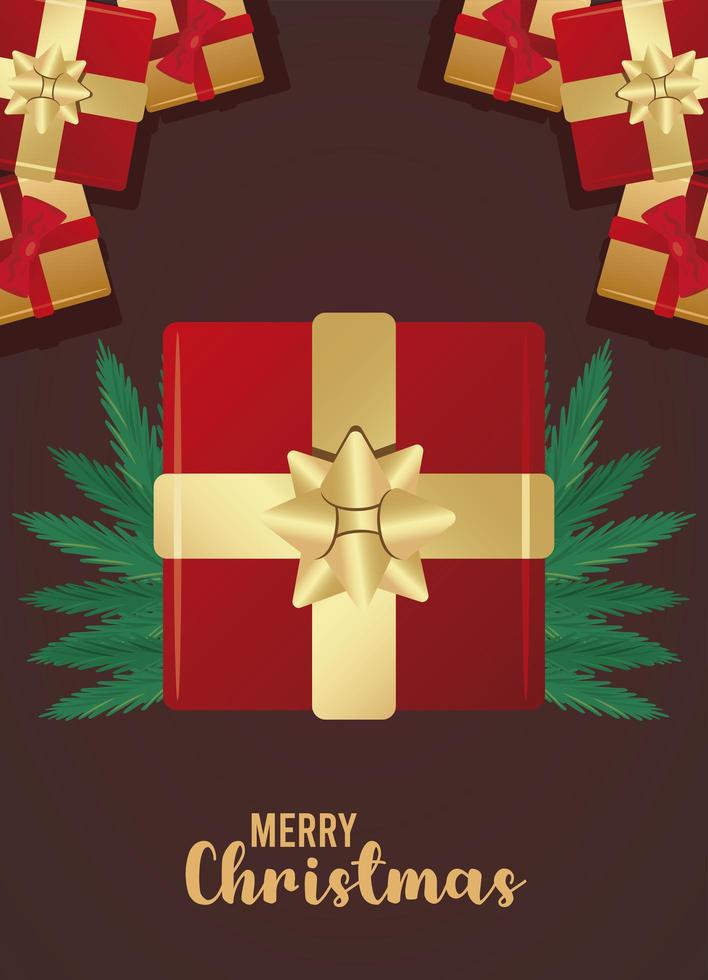 feliz navidad tarjeta de letras con regalos rojos y dorados presenta vector